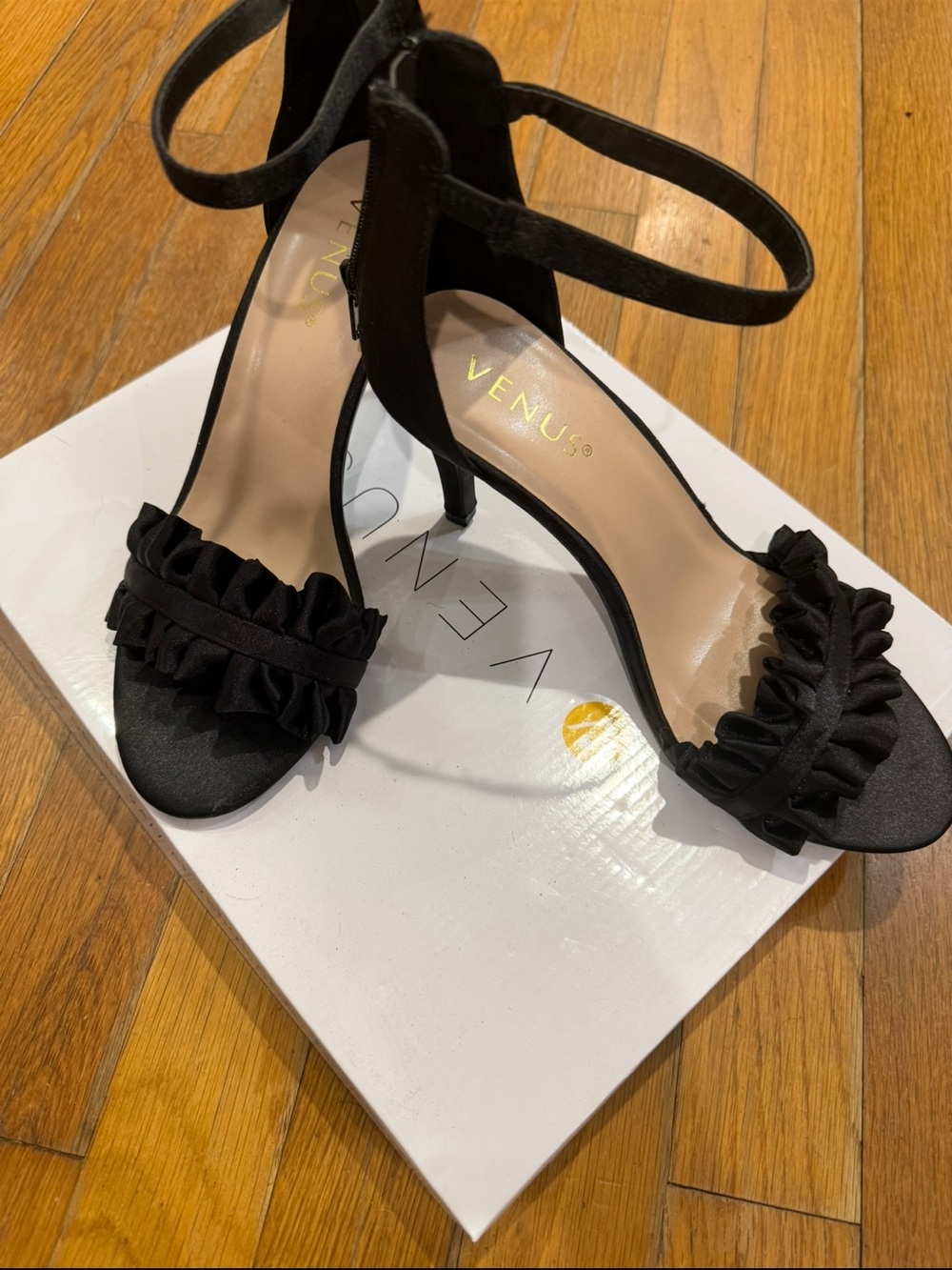 VENUS Black Ruffle Ankle-Strap Heels